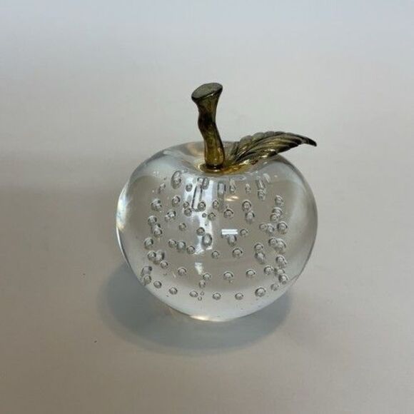 VTG New York Controlled Bubble Glass Apple Paperweight with Brass Stem & Leaf 3" - Picture 10 of 10